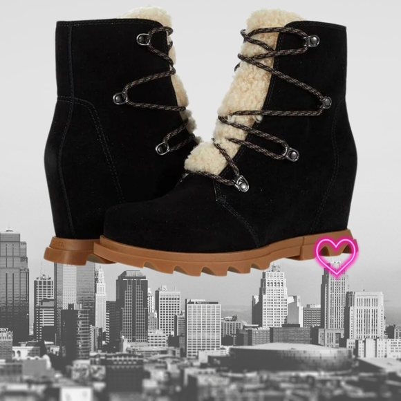 Black Suede Wedge Boots with Faux Fur Lining - Picture 1 of 7